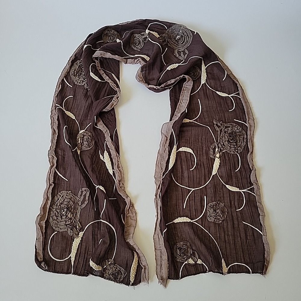 Embroidered Applique Flowers Rectangle Scarf Brown Artsy Bohemian Wearable Art